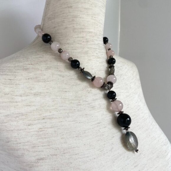 Sterling Silver 925 Rose Quartz Black Onyx Beaded Y Necklace 18.5" 81g Stone - Picture 16 of 16